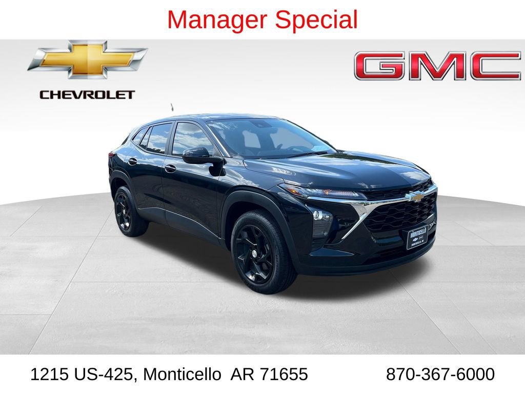 2024 Chevrolet Trax LS in Mosaic Black Metallic — front three-quarter view