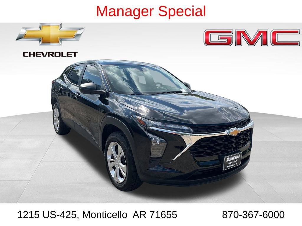 2025 Chevrolet Trax LS in Mosaic Black Metallic — front three-quarter view